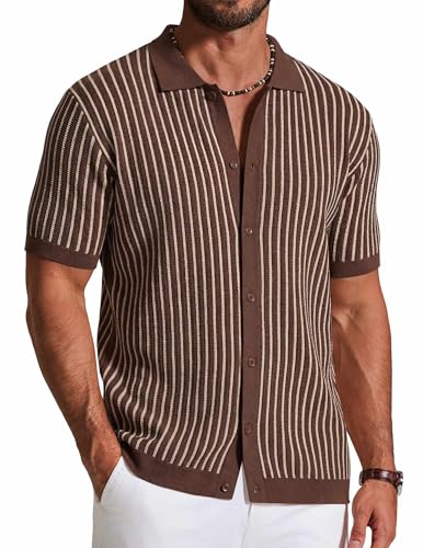 Image of COOFANDY Mens Knit Button Down Shirts Short Sleeve Polo Shirt Vintage Striped Casual Shirts