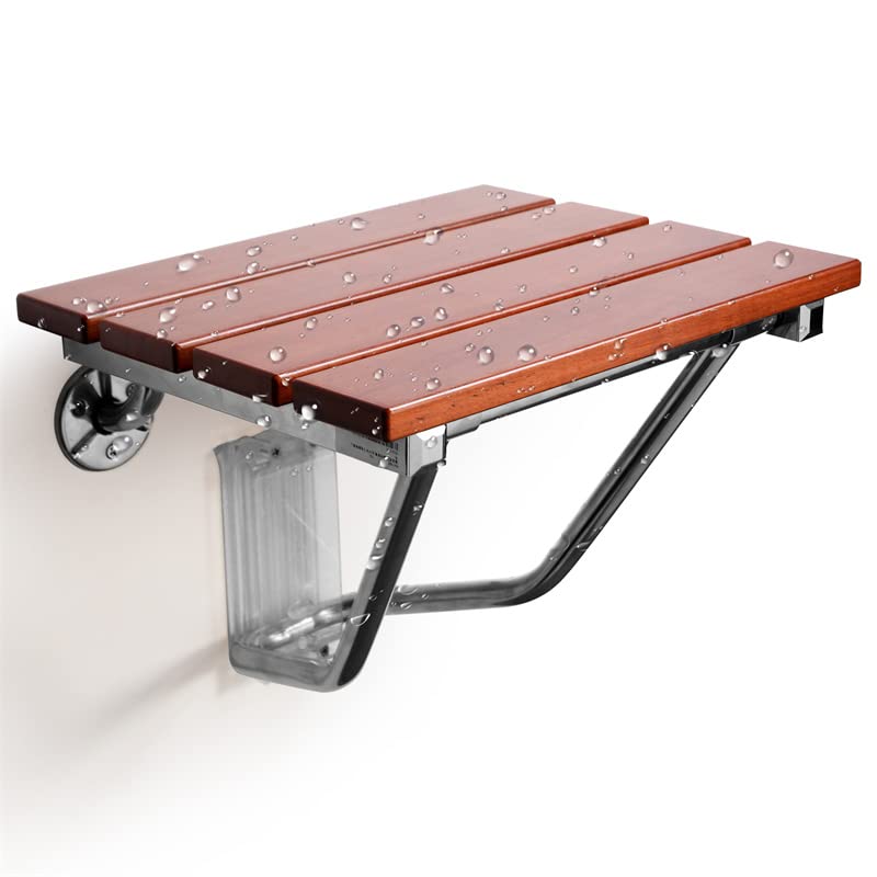 Lunalazeo Folding Teak Shower Seat Bench Wall Mount, Fold Down Bathroom Chair for Elderly Disabled Medical Home Care Inside Shower Foldable Shower Wooden Stool 300lb Capacity