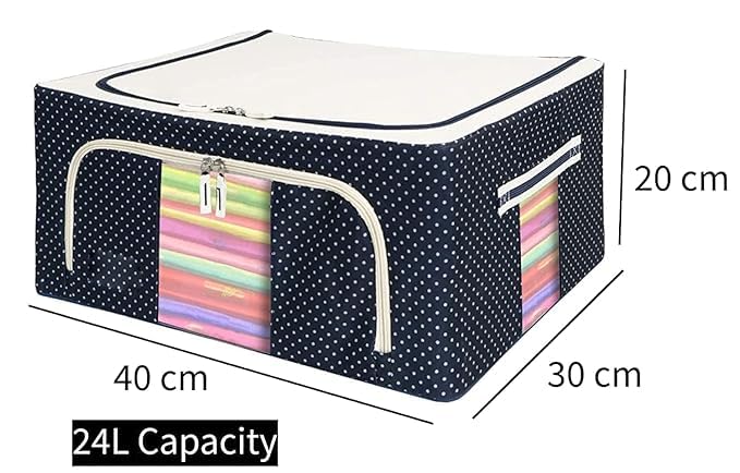 Image of storage bag Foldable Steel Frame Cloths Zip Organizer Bag and Oxford Fabric Storage Living Cover Boxes For Wardrobe Organizer Shelves Clothes, Sarees, Bed Sheet, Blanket (1, 24 LTR)