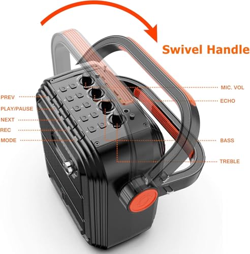 Image of JYX Karaoke Machine with 2 Wireless Microphones, Portable Bluetooth Speaker PA System with Shoulder Strap, Subwoofer Support TWS, USB, Radio, AUX, REC, Bass&Treble for Home Party /Meeting /Adults /Kids