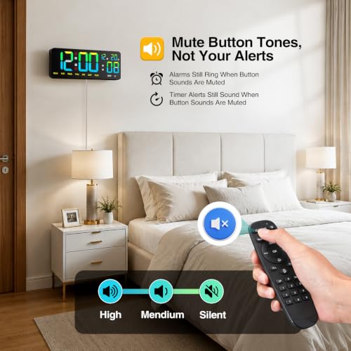 Tempospark WiFi Digital Clock 12", Digital Wall Clock WiFi Sync for Bedroom, Living Room, Classroom, WiFi Clock with Remote Control, Timer, Dual Alarms, Dimmer, Auto DST, Volume Control (Colorful) - image 4