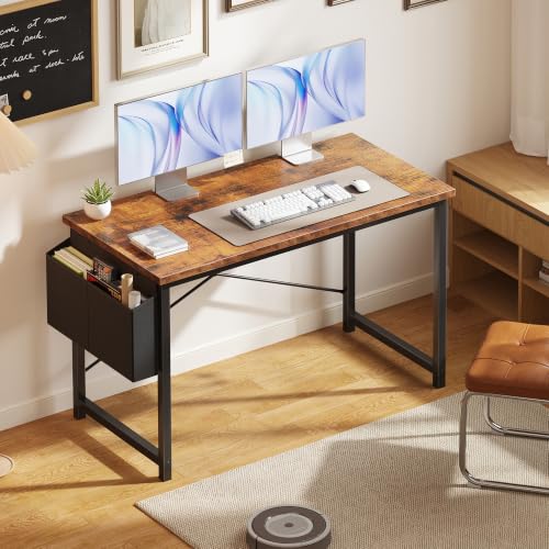 Image of OLIXIS Computer Desk, 47 Inch Gaming Desks for Home Office Small Spaces | Writing Study Craft Work Table, Computer Workstation for Bedroom with Storage Bag, Rustic Brown