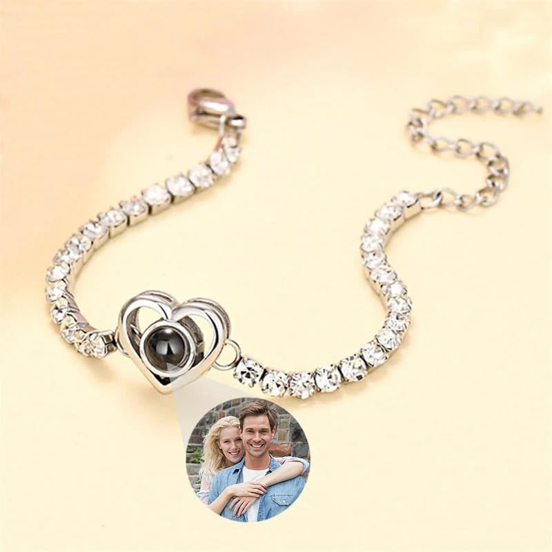 Pulsera de proyección de fotos personalizada, pulseras de fotos personalizadas, colgante de corazón, circonita cúbica, cadena de tenis, regalo (circonita blanca)