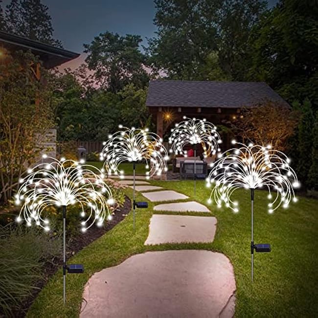 Solar Firework Lights - 4 Pack 120 LED Decorative Starburst Lights, 12 Hrs Working Time, for Garden Pathway, Courtyards, Wedding & Christmas Decor (Cool White)