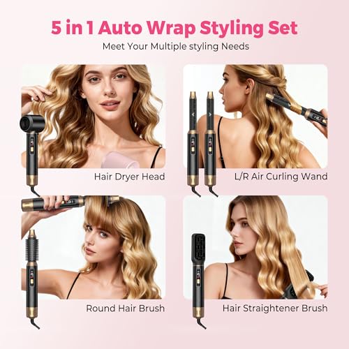 Image of Atopskins 5 in 1 Blow Dryer Brush Set, 1000W Hot Air Styler with Auto-Wrap Curler & LED Temp Display, Negative Ion Hair Dryer Brush for Straightening, Volumizing & Curling - Black