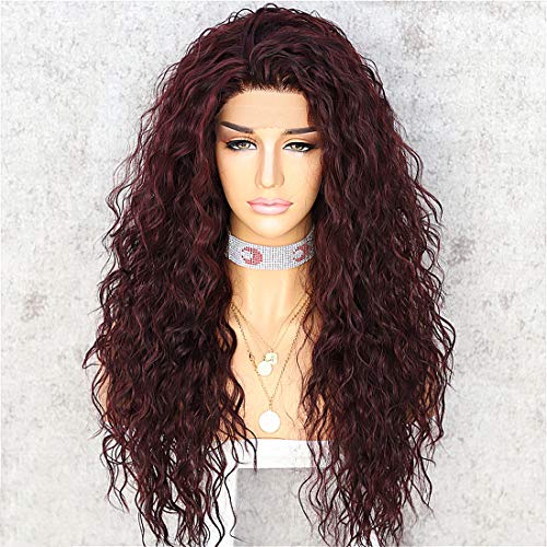 WIGODDESS Burgundy Curly Lace Front Wig, Curly Wig Daily Makeup Party Wig Perruque Heat Resistant Hair 26 inch Burgundy Red Synthetic Lace Front Wig Curly Lace Front Wig For Women
