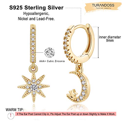 S925 Sterling Silver Post Huggie Hoop Earrings, 14K Gold Plated Small Dangle Hoop Earrings Hypoallergenic Dainty Cubic Zirconia Ball Spike Evil Eye Snake Bee Moon Star Huggie Hoop Earrings2