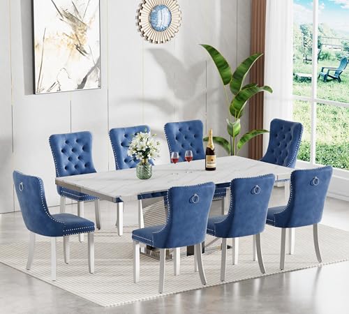 Image of 9-Piece Extendable Dining Table Set for 8, Modern 63 inch-94 inch White Faux Marble Expandable Kitchen Table Set with 8 Velvet Chairs, Large Extendable Dining Room Tables with Mirrored Columnar Base