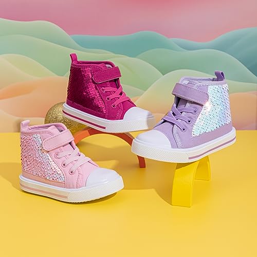 Kannior Toddler Unisex Classic Sequins Canvas Sneaker High Top Slip On Denim Glitter Casual Shoe Sparkle Color Changing Flip Walking Shoes2