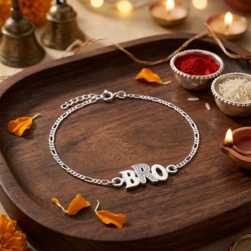 Image of Parnika 925 Pure 92.5 Sterling Silver Bro Floral Mor Pankh Flute Evil Eye Veera Shankh Rakhi Bracelet for Brother | Hallmarked Silver Raksha Bandhan Rakhi | Premium Adjustable Rakhi Gift