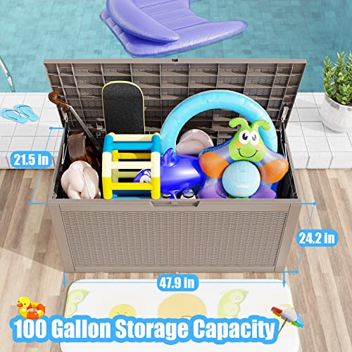 Vixzen 100 Gallon Resin Deck Box, Lockable Outdoor Storage Box For Patio Cushions Storage Furniture,Garden Tools, Pool Supplies, Weatherproof And Uv Resistant- Light Brown thumb #1