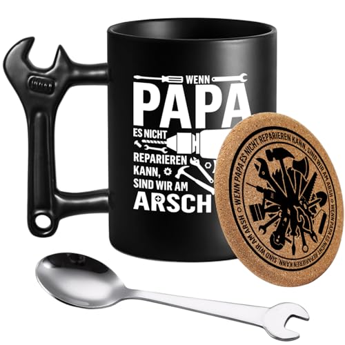 Lustige Vatertagsgeschenk für Papa zum Geburtstag Männertag, Personalisierte Kaffeetasse mit Untersetzer und Löffel, Vater Tasse mit Spruch: Wenn Papa Es Nicht Reparieren Kann Sind Wir am ...