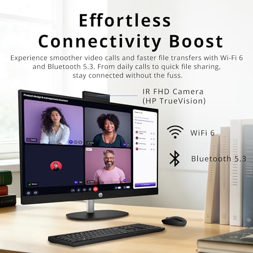 Image of HP 27 inch FHD Touchscreen All-in-One Desktop, AMD Ryzen 7 7730U, 64GB RAM, 5TB Storage(4TB SSD+1TB Docking Station Set), AMD Radeon Graphics, Wireless Keyboard & Mouse, FHD IR Camera, Win 11 Pro, Black