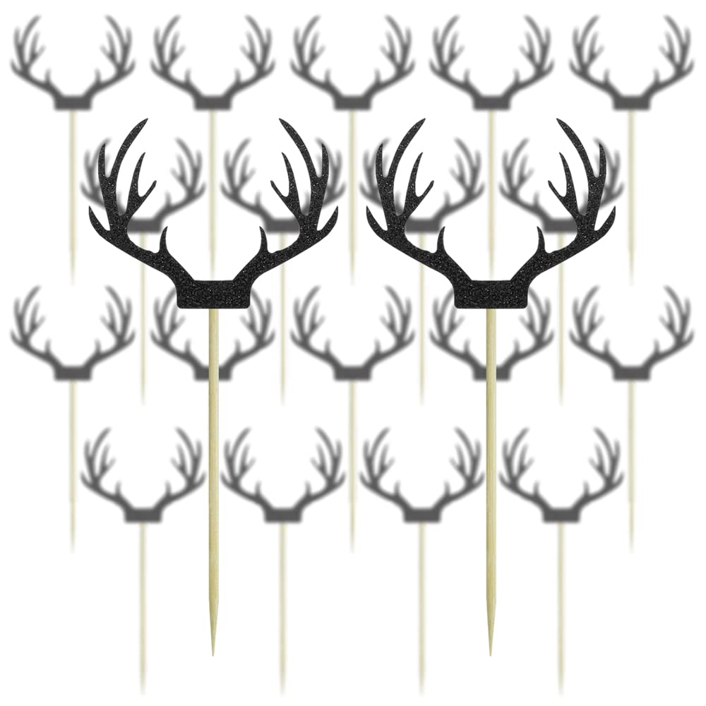 Saktopdeco 20 Counts Black Deer Antler Cake Topper Glitter Paper Christmas Reindeer Cupcake Toppers Picks for Themed Party Decor Supplies