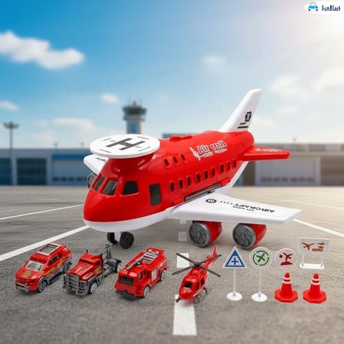 Image of FunBlast Fire Rescue Airplane Toy Set - Big Aircraft with 4 Fire Vehicles, Helicopter, Road Signs & Cones, DIY Firefighter Playset for Kids, Educational Role Play Toy for Boys & Girls (Red)