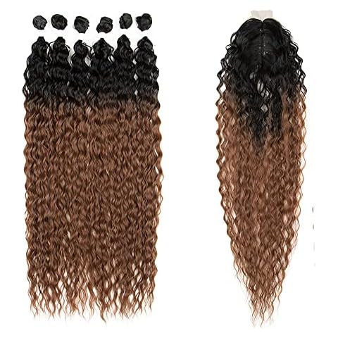 DÉBUT 30 Inch Synthetic Hair Bundles Water Wave 6 Bundles with Closure High Temperature Weaving Hair Extensions 290g for Full Head Heat Resistant Deep Curly Hair 7PCS TT1B/30 Dark Roots with Brown Cover