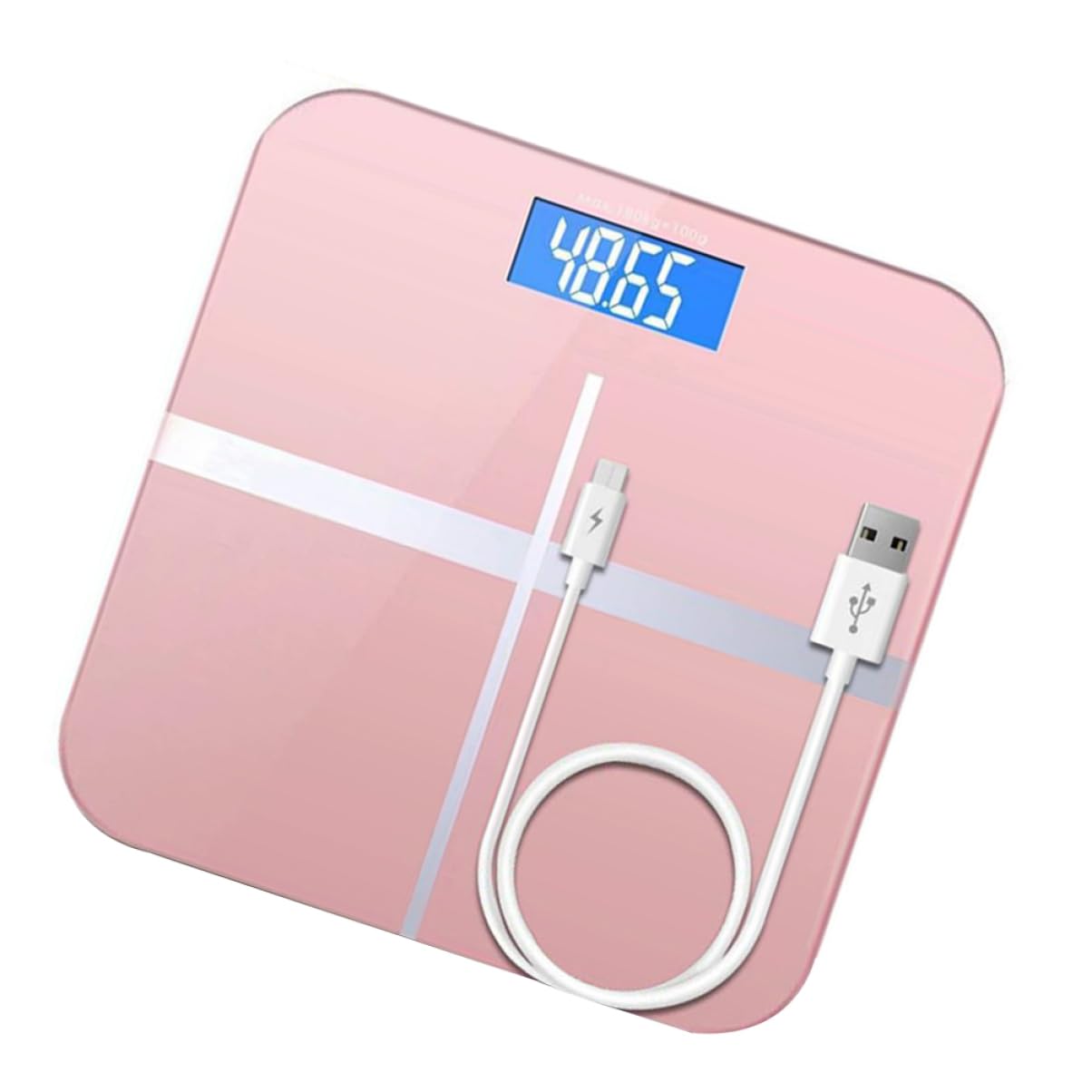Bilancia Digitale Intelligente Ricaricabile USB Vetro Temperato Rosa, Display di Grandi Dimensioni e Design Unico per Uso Domestico e Controllo Peso Corporeo