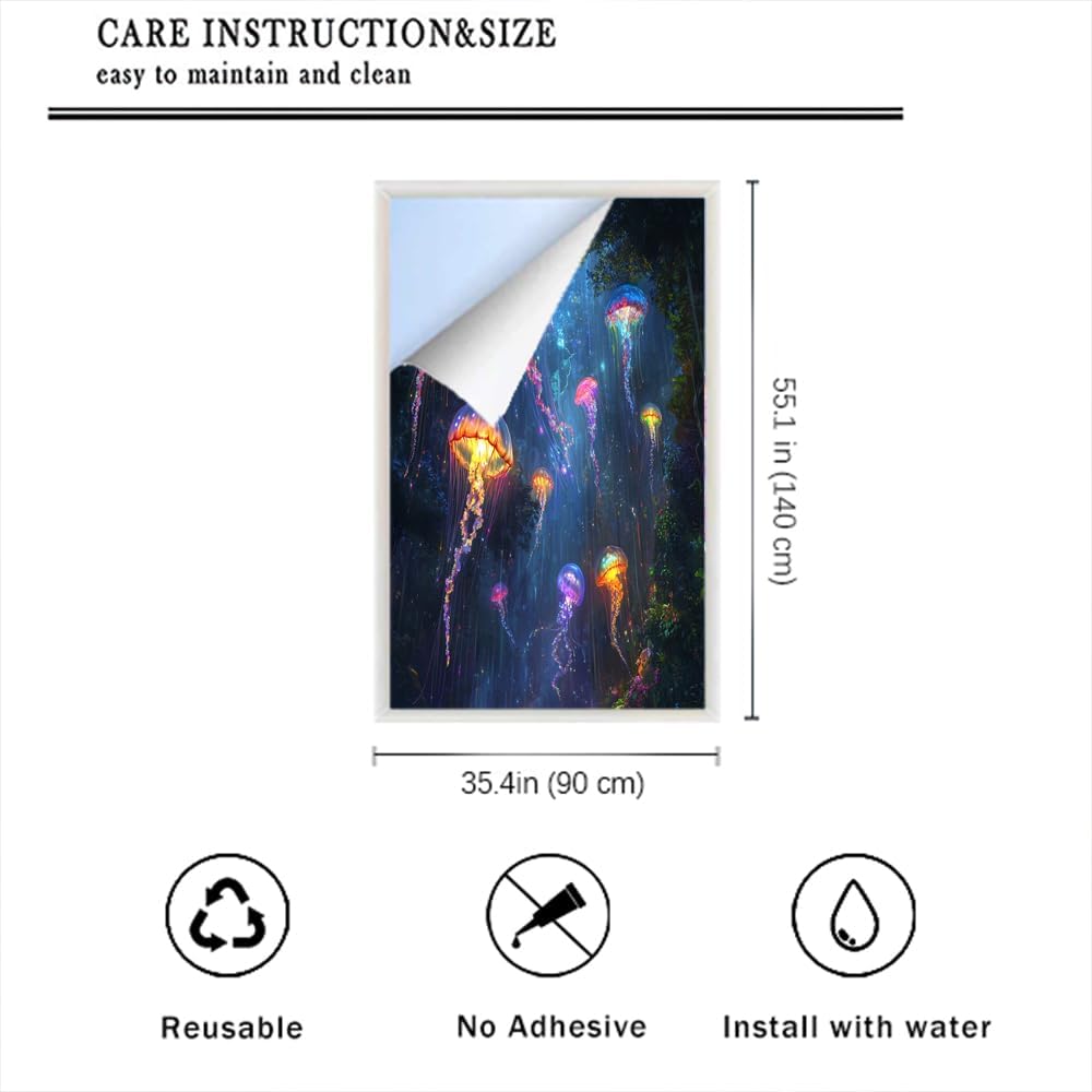 Colorful Fantasy Jellyfish Window Privacy Film, Beautiful Jellyfish Nature Forest Frosted Stained Glass Window Film Decorative Decal for Glass, Windows Tint for Home 35.4Wx55.1L inch