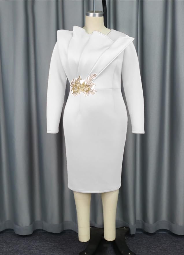 Image of ONTINVA Irregular Business Dress for Women's Outfits Crew Neck Peplum Tops Floral Applique Formal Pencil Dresses