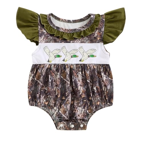 Image of SAYOO Duck Hunting Baby Clothes Infant Baby Girls Mallard Duck Embroidered Camoflage Bubble Romper Summer Ruffle Bodysuit