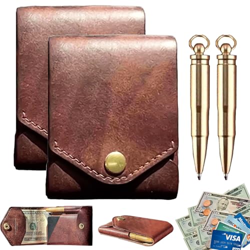 GDSAFS Vintage Handmade Leather Wallet for Men, Compact Leather Business Card Holder with Pen Slot, Small Slim Thin Cash Wallet for Daily Commute Business,and Travel (2PCS)