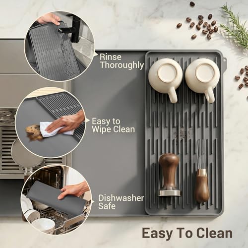 Image of ZJWZLG Silicone Coffee Mat for Countertop, 24x16 inch Heat Resistant Espresso Machine Mat, Non-Slip Coffee Bar Mat with Detachable Drying Area and Raised Edge, Waterproof Station Pad - Grey