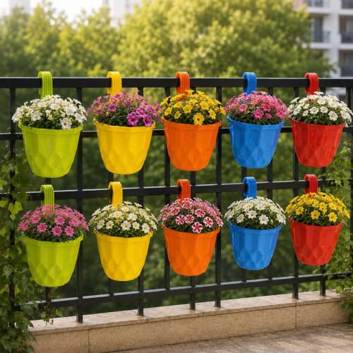 Image of Amazon Brand - Umi Hanging Planter Pots for Railing Pack of 10 | Plastic Geometric Hook Flower Pot for Fence Grill Balcony (Multicolor, 15.5x9x19cm) Decorative Planters for Home Garden Decor