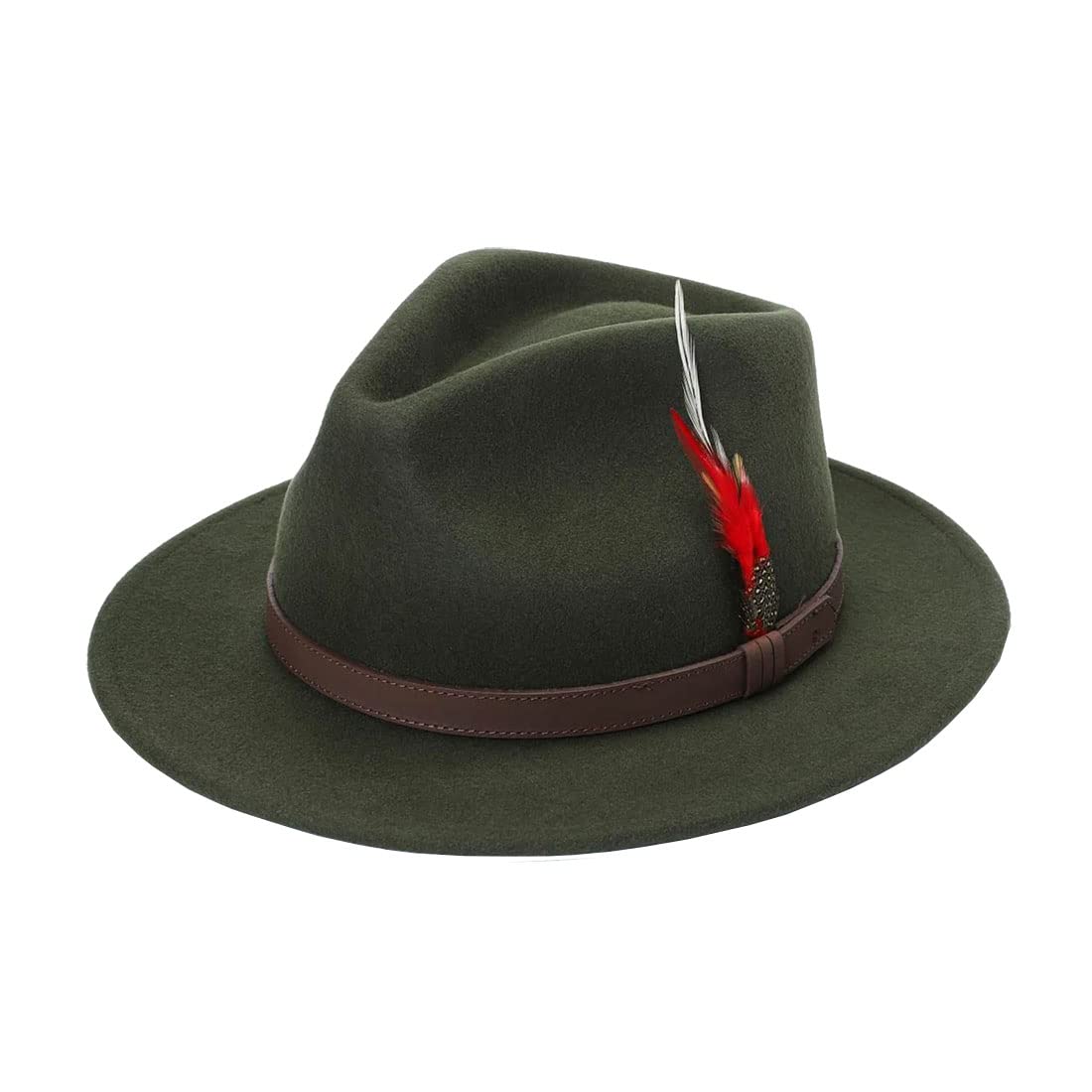 Fairy Trendz Unisex Olive Green Mens Trilby Adjustable Band Feather Fedora Hat Womens Wool Cowboy Style Party Wear Hat