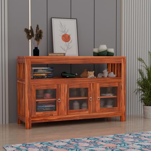 Image of Solid Wood Sideboard Cabinet for Living Room | Wooden Storage Cabinet with Acrylic Glass Doors & Open Shelf (Honey Finish)