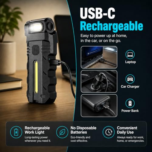 TFFUAM 180°Rotating Head LED Work Light, Magnetic Base & USB-C Rechargeable, Dual Beam Pocket Flashlight with Clip, Hands-Free Work Light for Auto Repair, Camping, Mechanic, Home & Emergency (1) - image 3