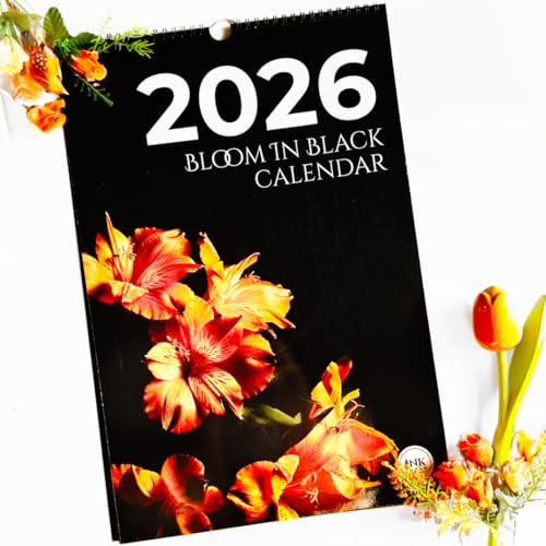 Image of 12 inchx18 inch Black & Bloom 2026 Wall Calendar | Vibrant Flowers on Pitch Black | Modern Botanical Art | Wiro-Bound | Indian Holidays Marked | Bold Home /Office Decor | Gloss Laminated