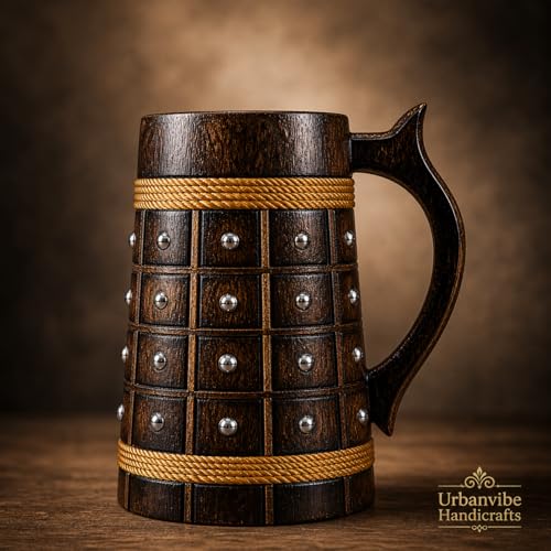 Image of Handmade Wooden Beer Mug, Wood with Sheesham Finish, Barrel Style, Lightweight & Durable, for Craft Beer, Home Bar, Cafe, Party, Gift(350ml) (Barfi with Studds)