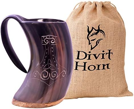 Divit Genuine Viking Drinking Horn Mug | Authentic Medieval Beer Horn Tankard | 24oz (700 ml) Capacity | Horn Cup/Stein