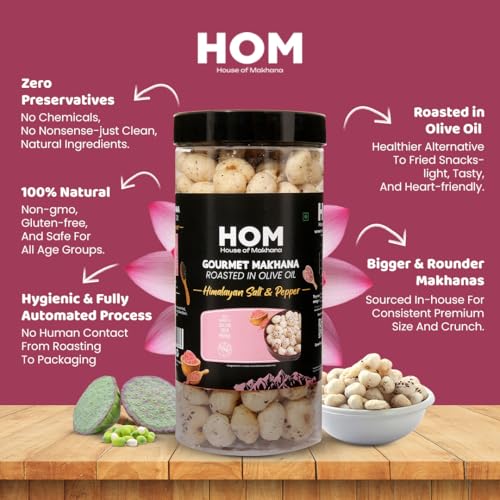 Image of H O M House Of Makhana 130g Himalayan Salt and Pepper And Peri Peri Gourmet Makhana Jar Roasted in Olive Oil, Flavored Makhana Pack of 2 (65gX2)