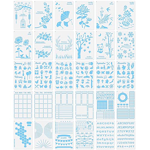 Midenco 30 PCS Bullet Journals Stencils Supplies (5.1x7.9 Inch) Plastic Planner Stencil for Journaling Bujo Accessories Incl Ultimate Productivity and Monthly Seasonal Holiday Themes Stencil