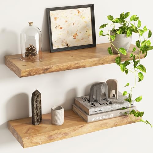 Venusmiles Live Edge Elm Floating Shelves for Wall Decor, Rustic Solid Wood Shevles Wall Mounted with Invisible Bracket for Living Room Bathroom Bedroom Kitchen, 24 Inch Set of 2, Natural