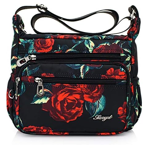 Womens Nylon Floral Shoulder Bag Crossbody Bag Messenger Bags Travel Handbags With Adjustable Strap Waterproof (A rose) Cover