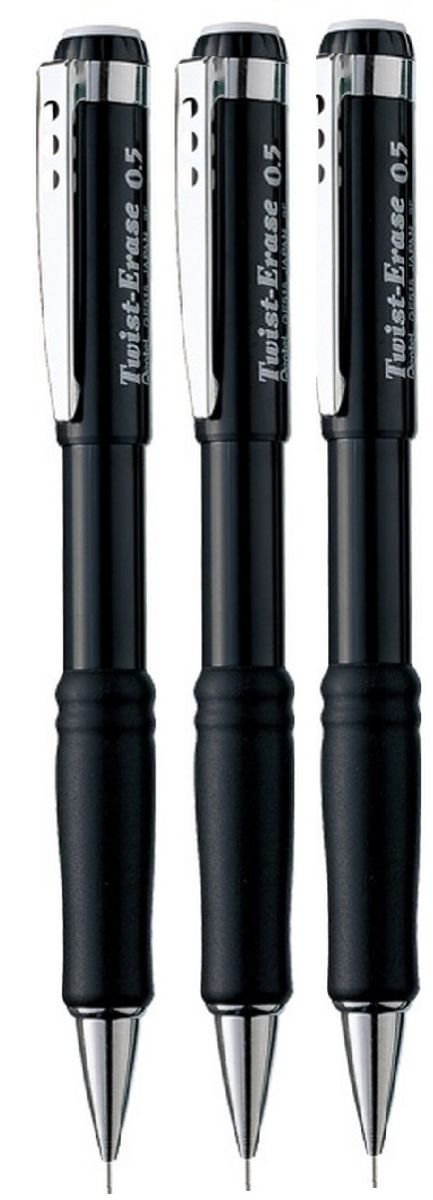 Pentel 0.5mm Lead Size Twist Erase Automatic Pencil Mechanical Drafting Pencil Lead Black Barrel Refillable QE515 (Pack Of 3)