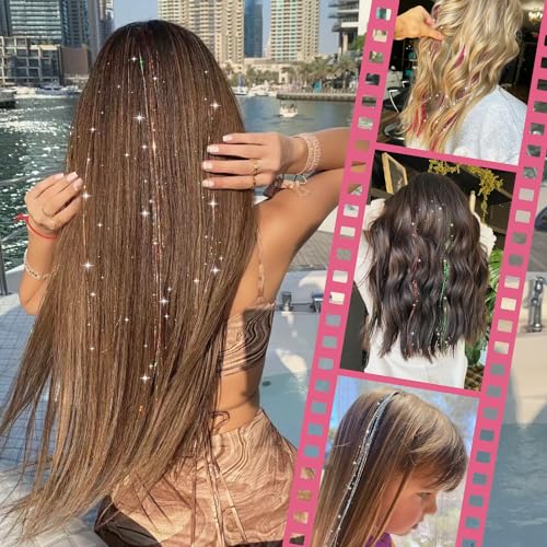 Image of WENNALIFE Hair Tinsel for Girls, Silver Fairy Kit 1200 Strands 6PCS 48 Inch Heat Resistant Glitter Tinsel Hair Extensions Kit Christmas Angel Feathers Hair Sparkle Strands