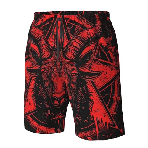 Baphomet Goat Satan Satanic Pentagram Red Black Men's Quick Dry Swim Shorts, Mesh Lined Beach Trunks with Pockets2