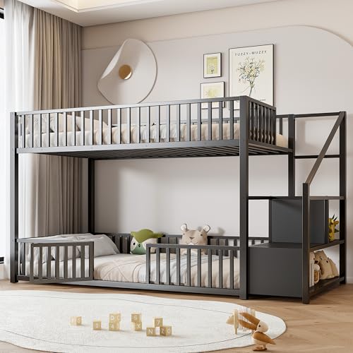 Image of Bellemave Metal Bunk beds Twin Over Twin with Guardrail and Storage Stairs, Floor bunk Bed with guardrail for Kids, Black