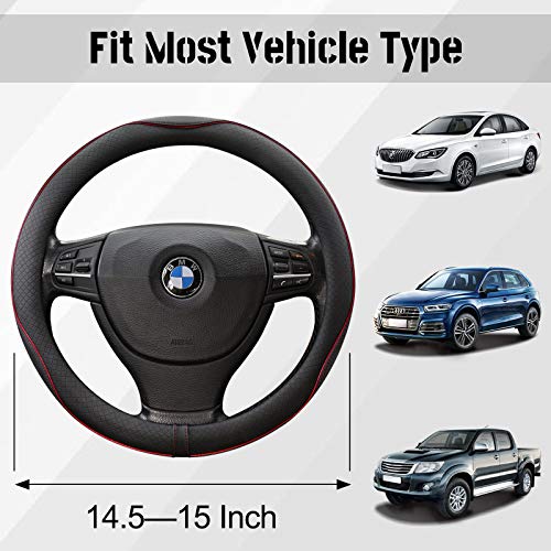 Steering Wheel Cover for Women & Man, Seniny Auto Car Black Steering Wheel Cover with Red Lines, Breathable, Anti-Slip, Odorless, 14.5 to 15 inch Universal Steering Wheel Accessories Fit for Most Car