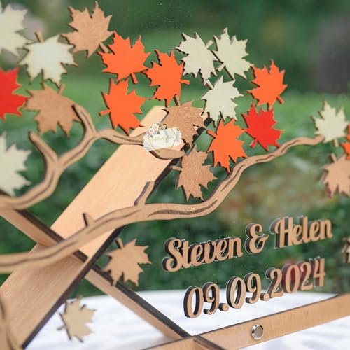 Image of Personalized Maple Tree Wedding Guest Book Alternative, Fall Leaf Drop Box | Rustic fall wedding decor; guests sign leaves to drop in wooden frame; personalized keepsake tree guest book alternative