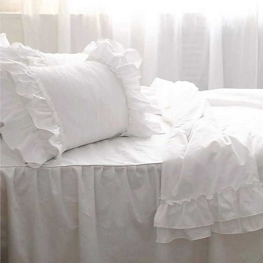 Amazon｜Lecozy 綿100％ホワイト可愛い掛け布団カバー フリル 枕カバー