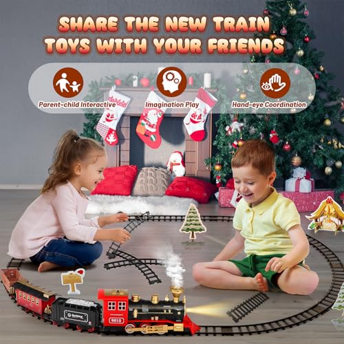 hot bee train set - train toys for boys with smokes lights and sound toy train set for under christmas tree toddler model trains for 3 4 5 6 7 8 years old kids christmas toys gifts