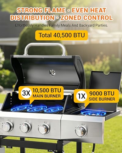 Image of EUHOME 3 Burner Propane Gas Grill with Side Burner, 40,500 BTU Stainless Steel BBQ Grill, 380 Sq.In Cooking Area, Cast Iron Grates, Outdoor Gas Grill for Patio, Backyard, Garden & Outdoor Cooking
