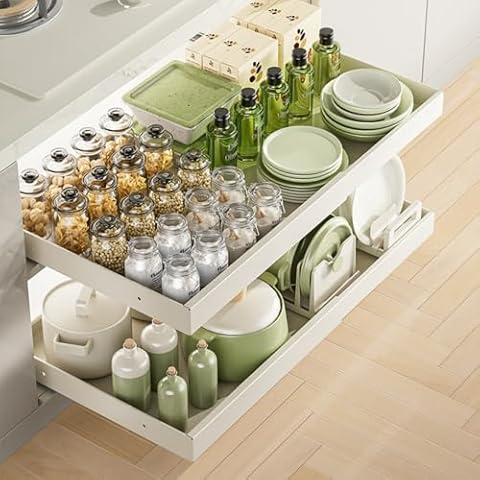 MAKIOTEKO Pull Out Cabinet Organizer Adhesive, 16.5" Deep Expandable Slide Out Drawers for Kitchen Cabinets Under Sink Pull-Out Home Organizers for Kitchen Pantry Storage Shelves Cover