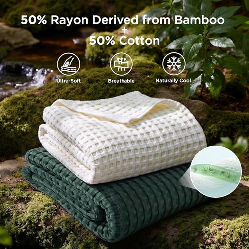 Image of Bedsure Cooling Cotton Waffle Weave Throw Blanket - Lightweight Breathable Blanket of Rayon Derived from Bamboo for Hot Sleepers, Luxury Throws for Bed, Couch and Sofa, Dark Green, 50x70 Inches