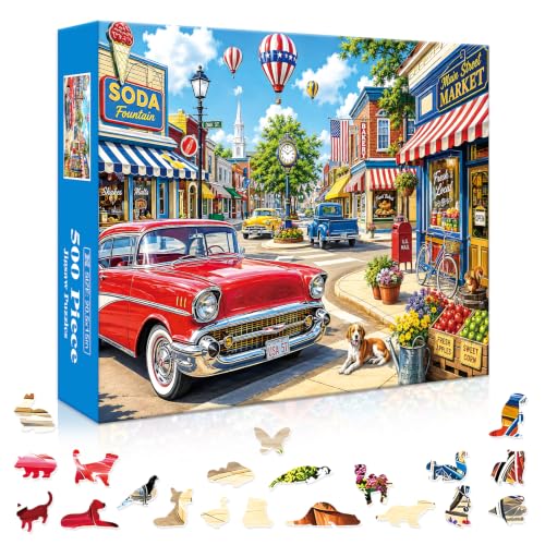 500 Piece Jigsaw Puzzle, Classic Main Street, 20 Animal-Shaped Pieces