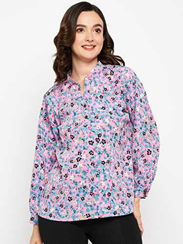 Image of Fashfun Women's Shirt (Floral Pink Crepe Top with Mandarin Collar & Full Sleeve)